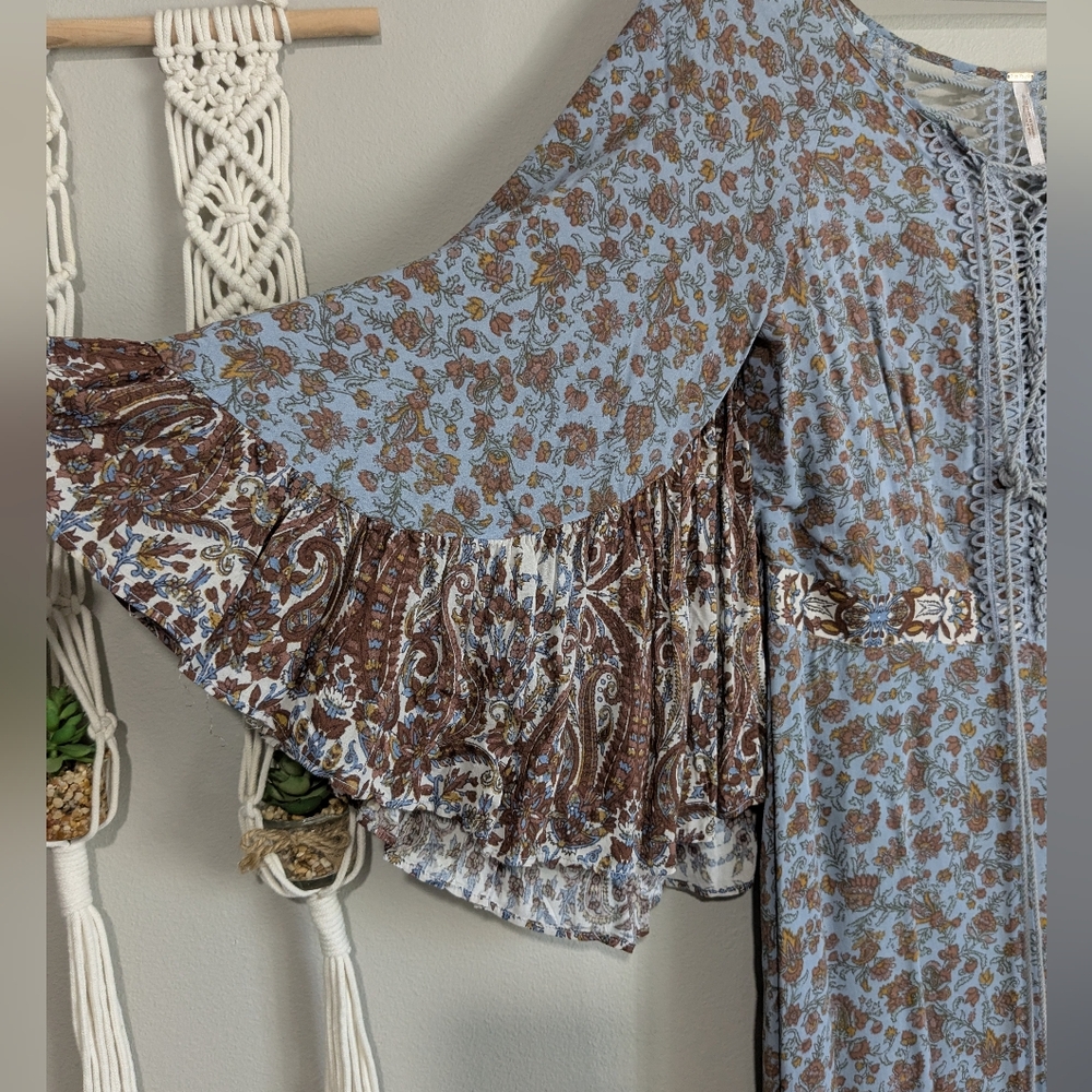 Free People All Mixed Up Lace Up Flare Sleeve Ruffle Hem Maxi Boho Dress 6 - Picture 10 of 15